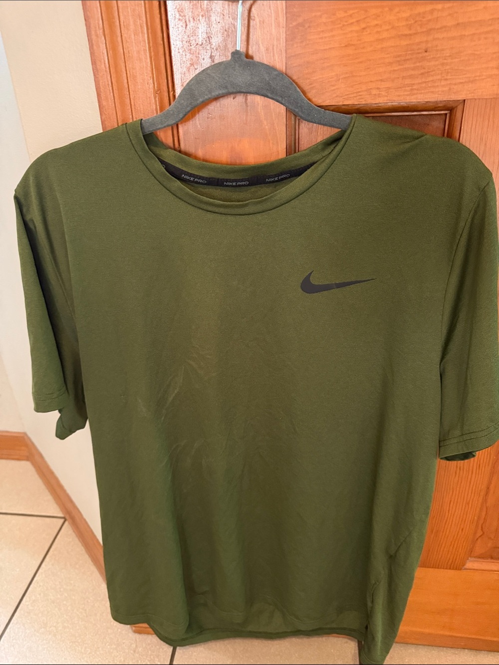 Nike Olive Green Short Sleeve Performance Tee with Black Swoosh
